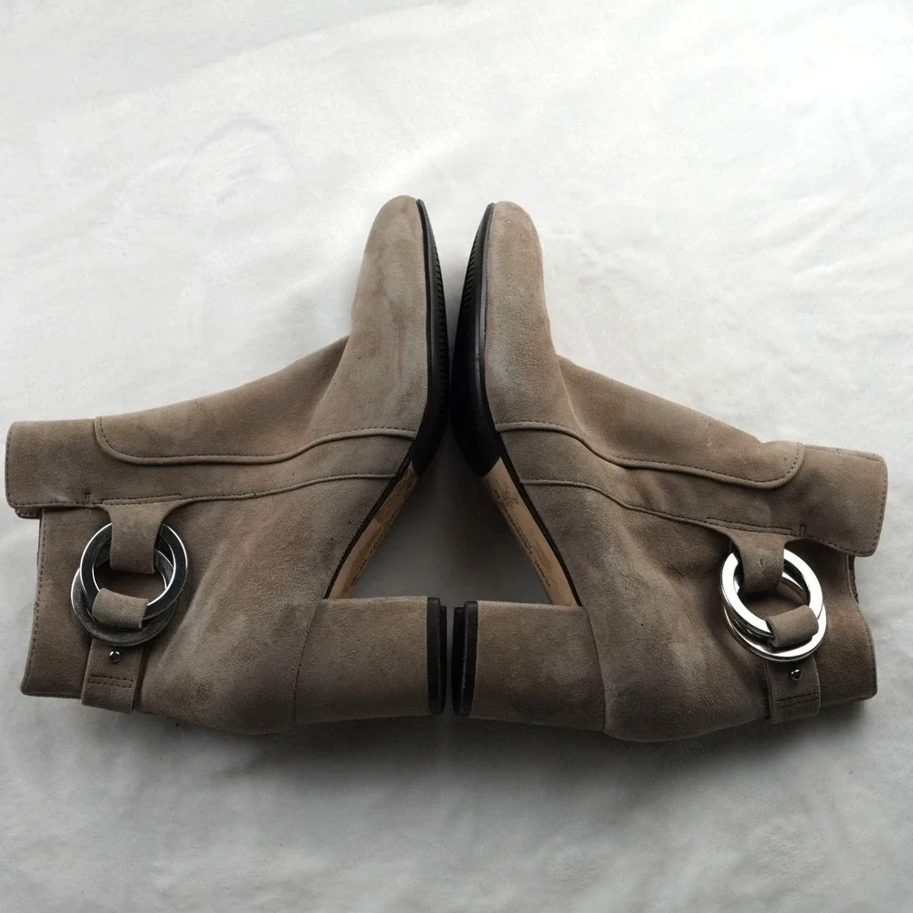 Karl Lagerfeld Paris Cosette Ankle Boots Women 6 Suede Buckle Block Heel Taupe